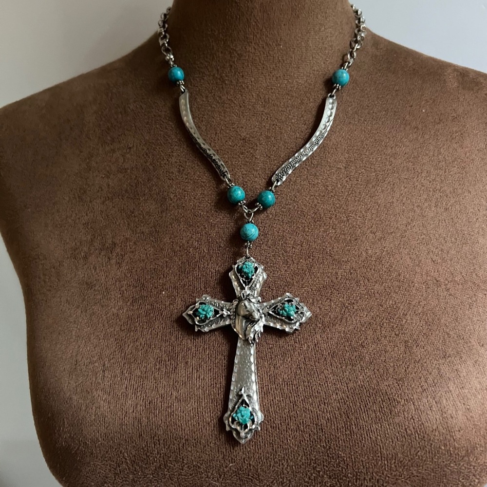 Vtg Faux Turquoise Horse Cross Pendant Necklace Silver Tone 18"